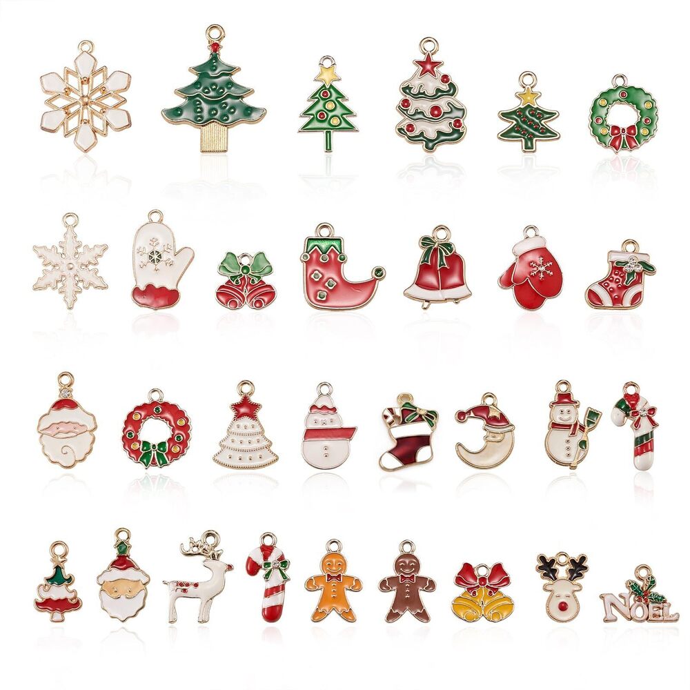 6891 30 Pcs Assorted Golden Plated Enamel Christmas Style Charms Small Red